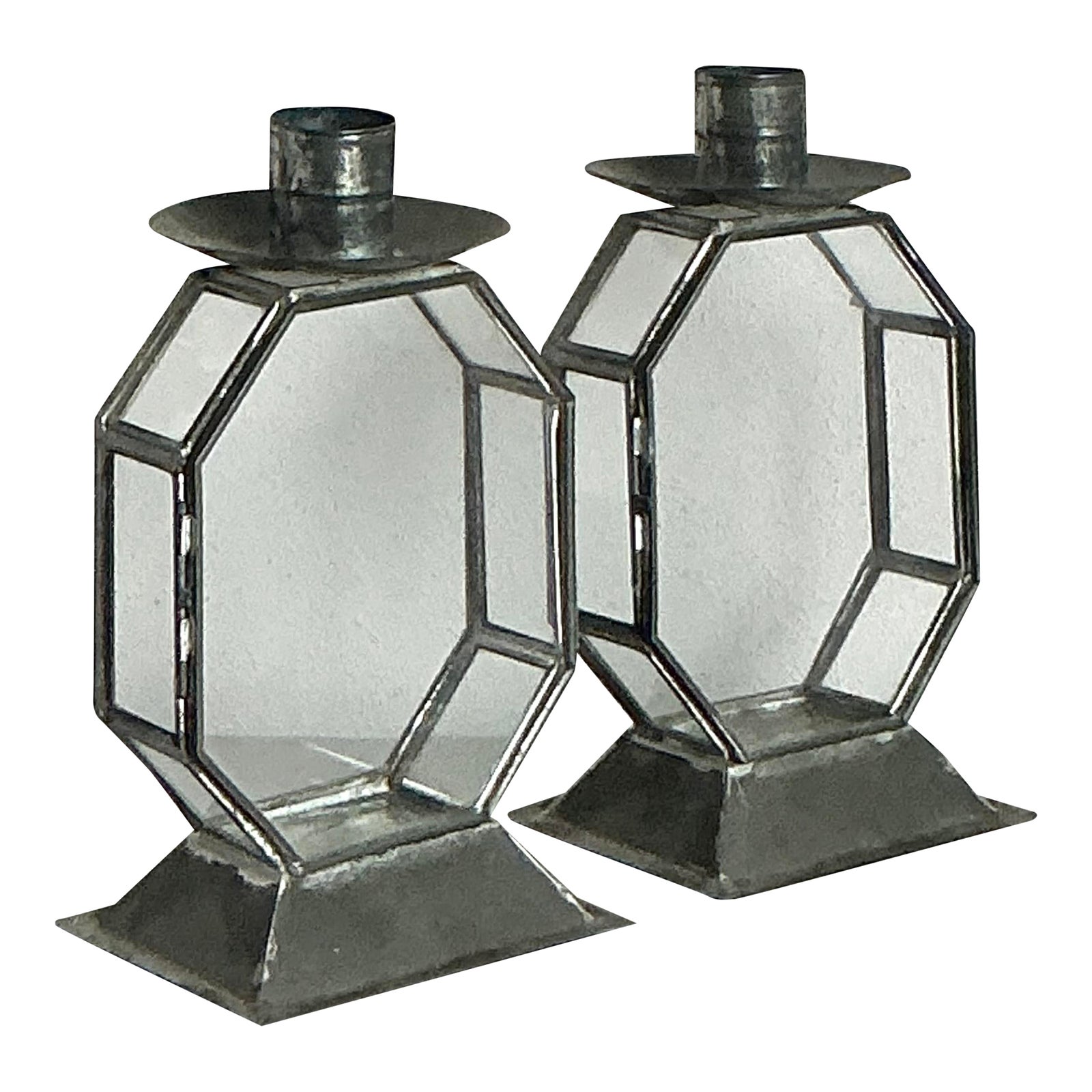 Vintage Boho Octagon Glass Case Candlesticks - A Pair - Detail view
