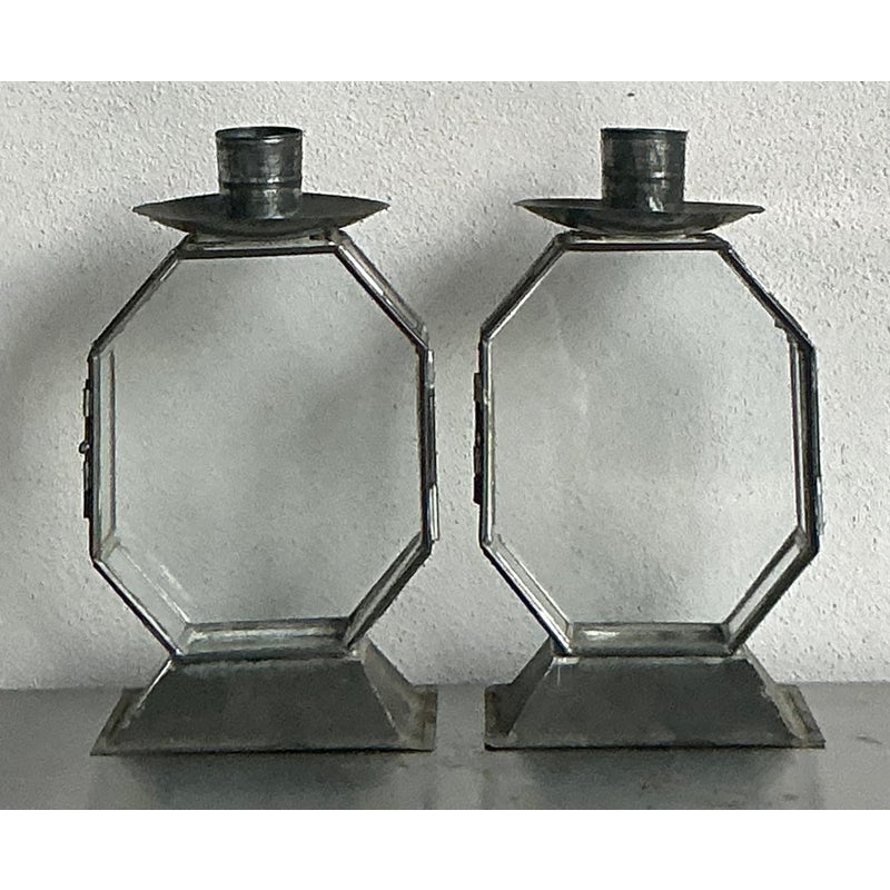 Vintage Boho Octagon Glass Case Candlesticks - A Pair - Top view