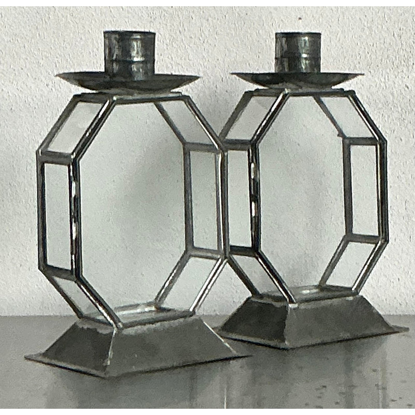 Vintage Boho Octagon Glass Case Candlesticks - A Pair - Side view