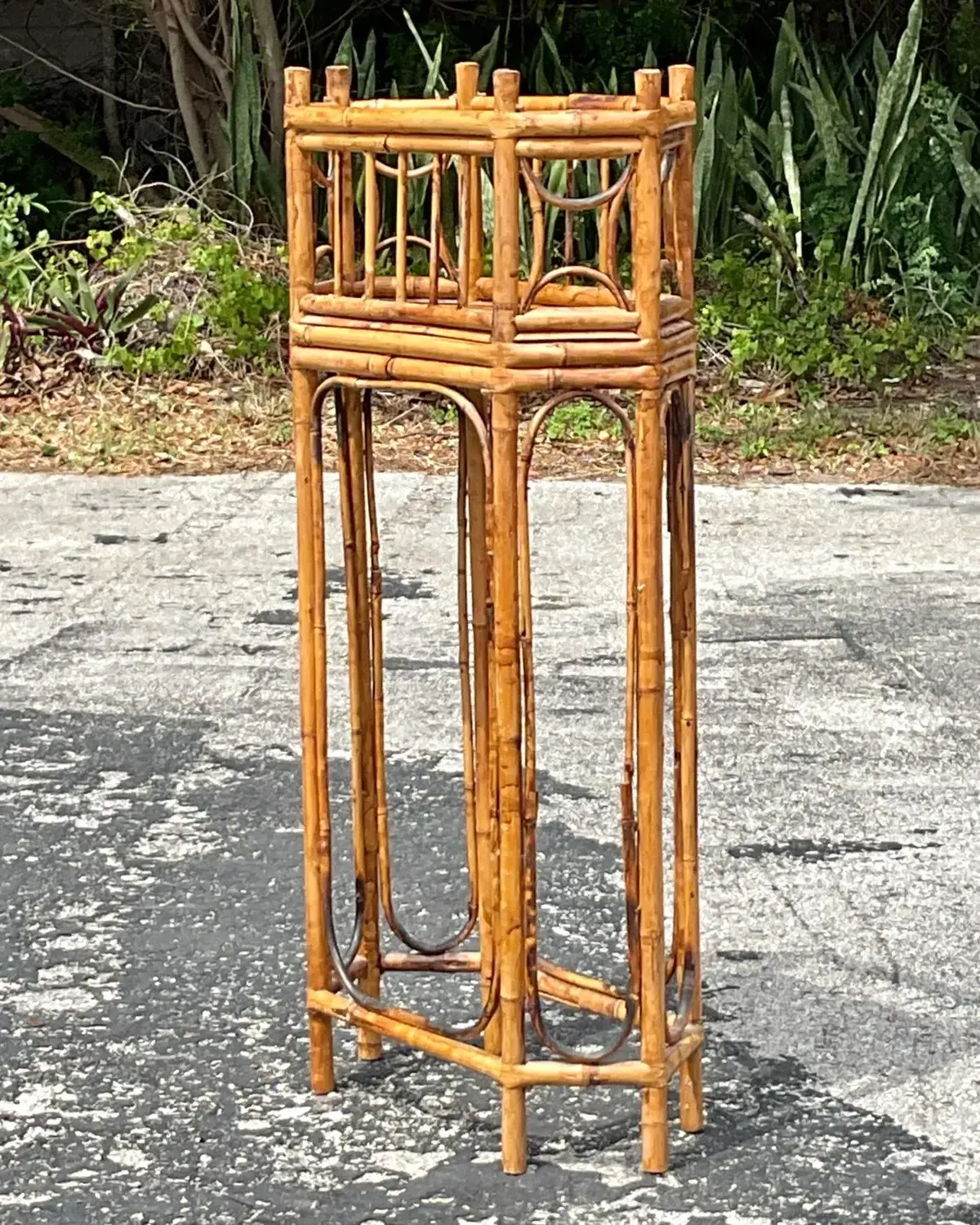 Vintage Boho Octagonal Bamboo Plant Stand - Back view