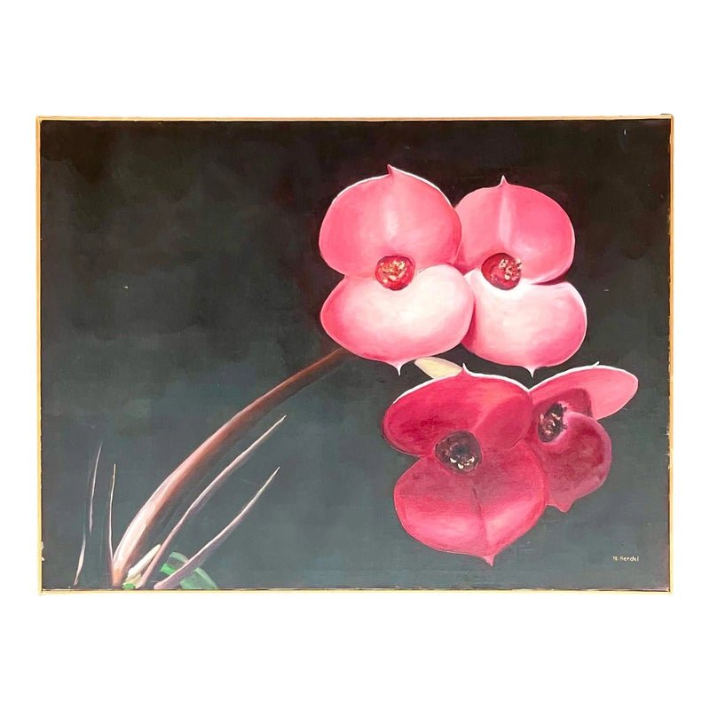 Vintage Boho Op Signed Original Oil Painting of Orchid Blooms