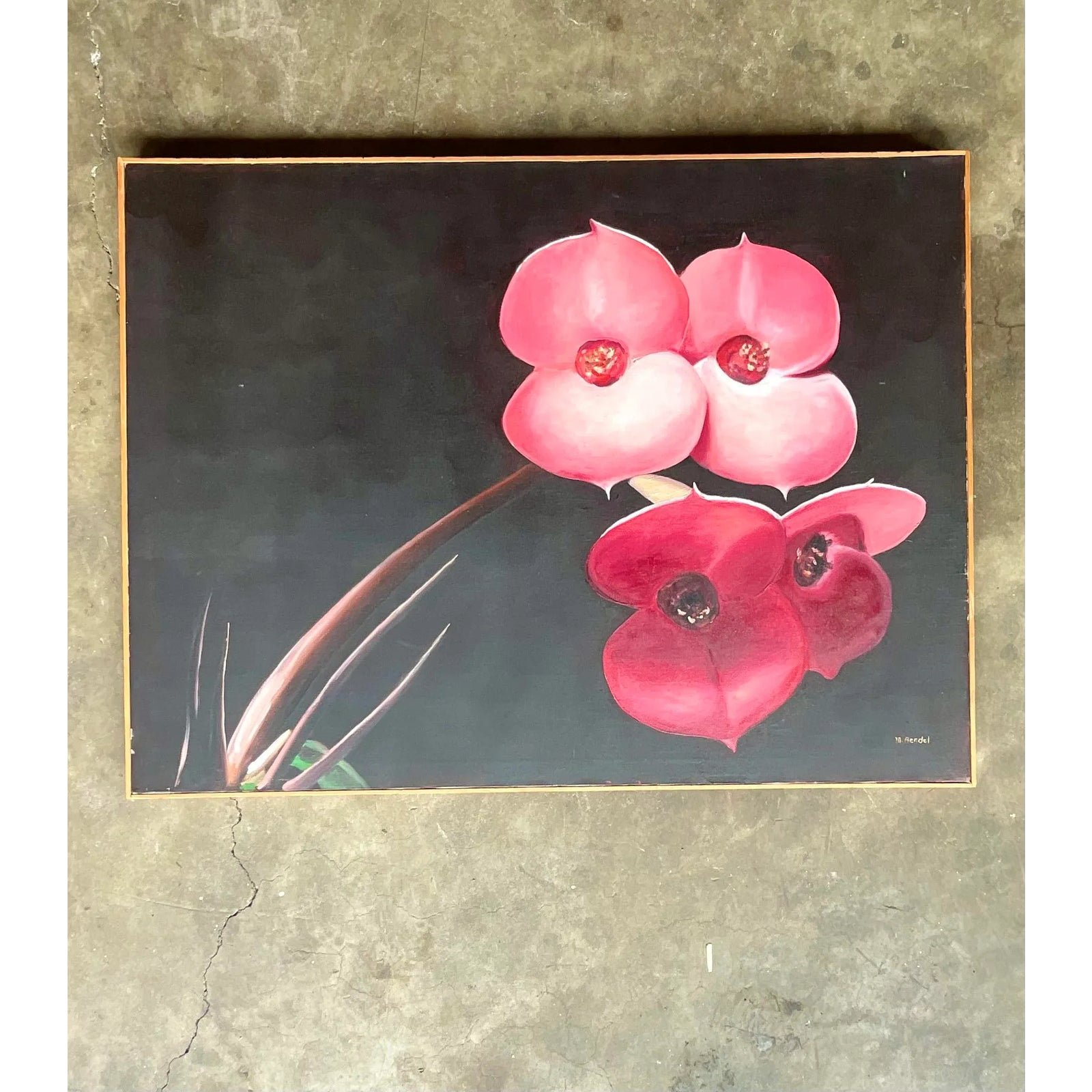 Vintage Boho Op Signed Original Oil Painting of Orchid Blooms - Top view