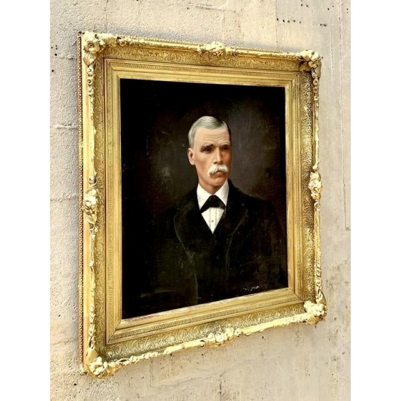 Vintage Boho Original 1873 Oil Portrait on Canvas - Detail view