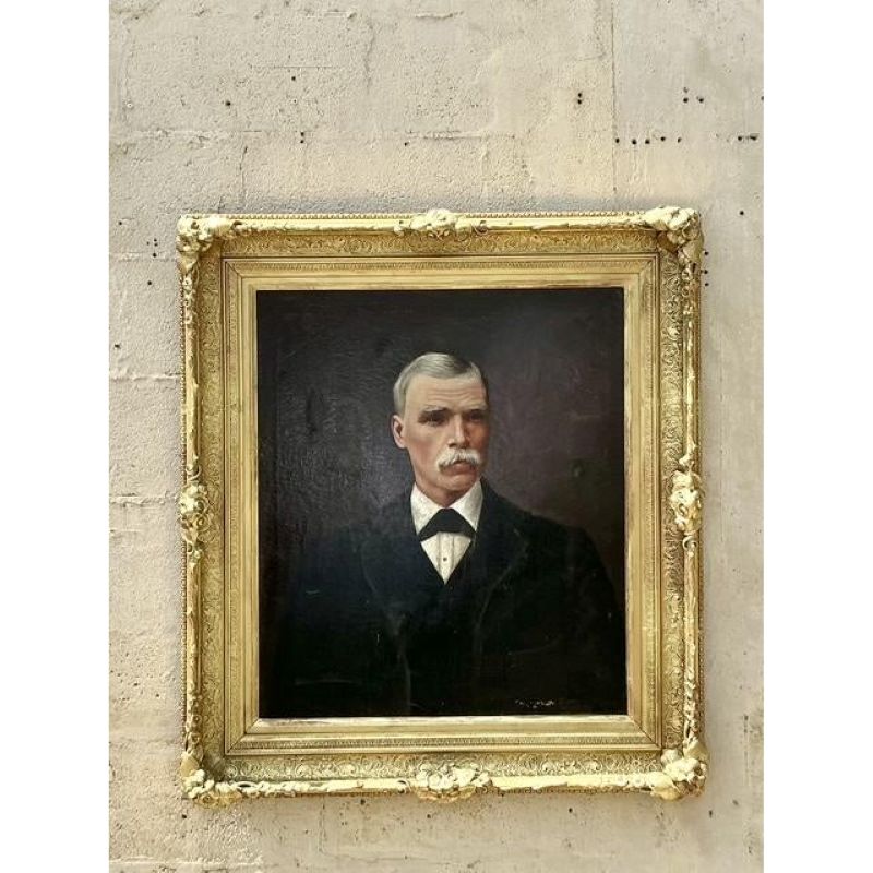 Vintage Boho Original 1873 Oil Portrait on Canvas - Side view