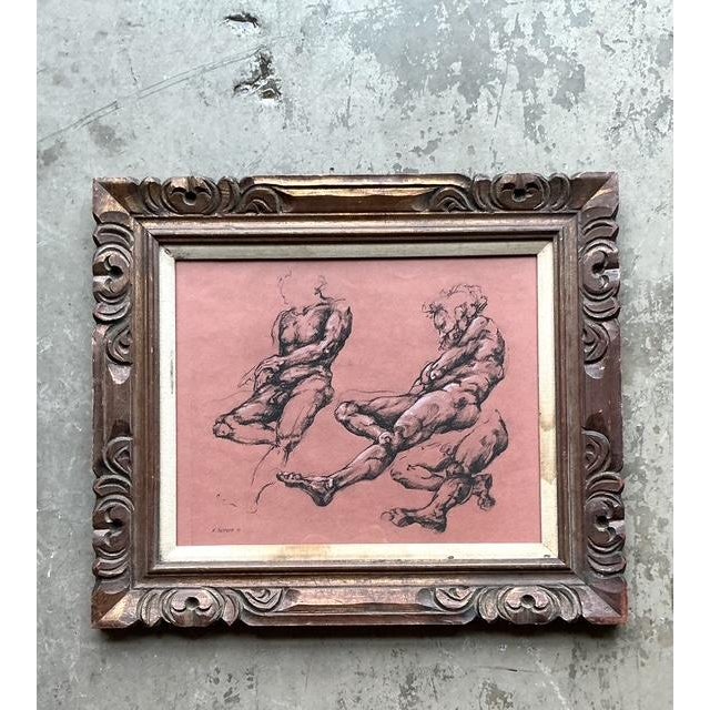 Vintage Boho Original 1977 Paper Anatomy Sketch on Paper - Side view