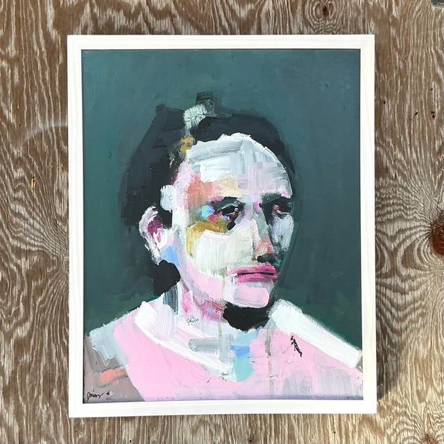 Vintage Boho Original Abstract Expressionist Oil Portrait on Canvas - Detail view