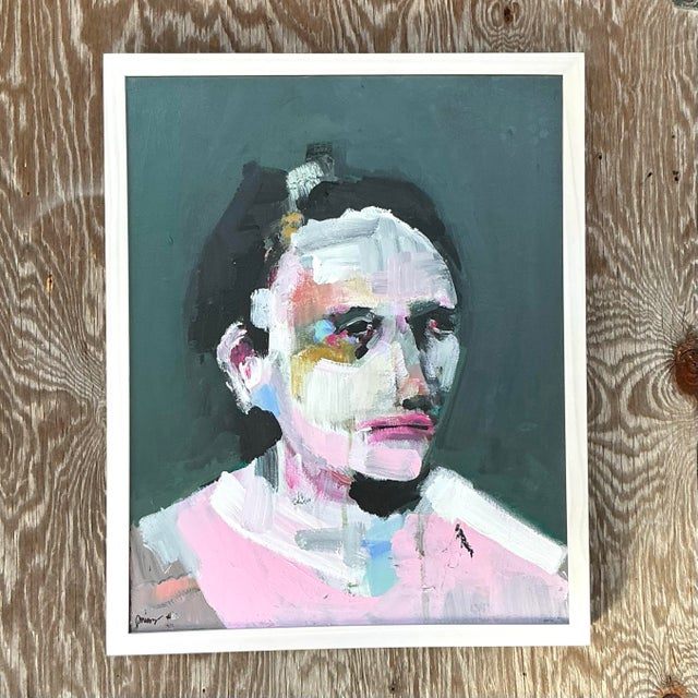 Vintage Boho Original Abstract Expressionist Oil Portrait on Canvas - Top view