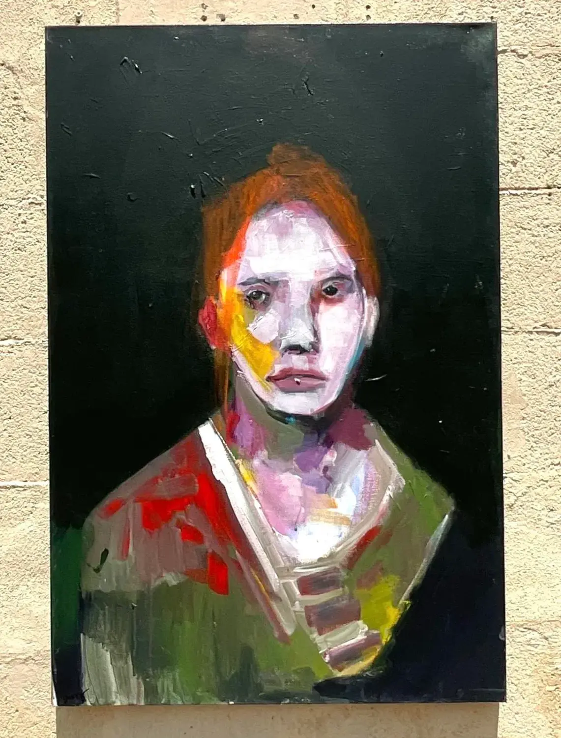 Vintage Boho Original Abstract Expressionist Oil Portrait on Canvas Painting - Side view