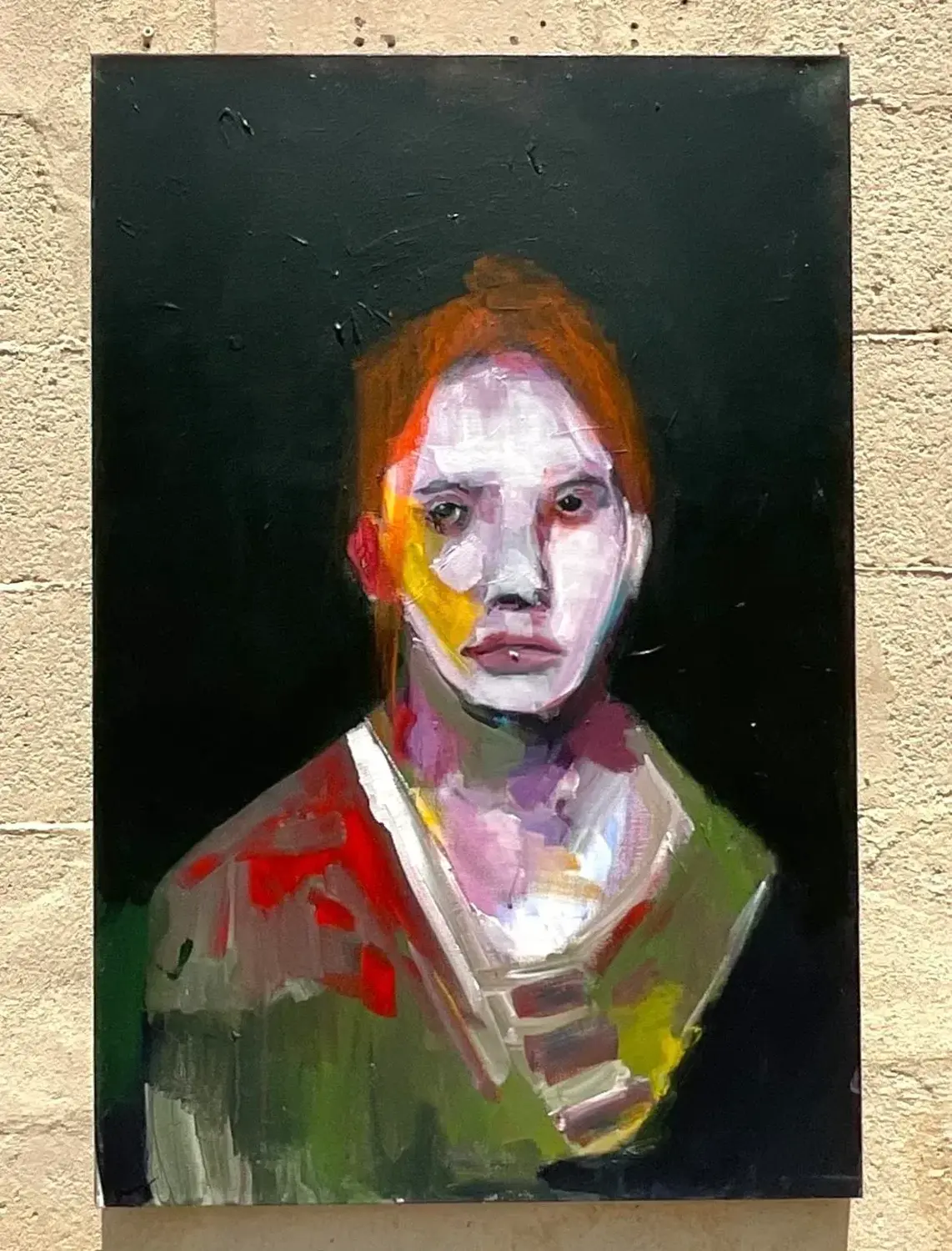 Vintage Boho Original Abstract Expressionist Oil Portrait on Canvas Painting - Back view