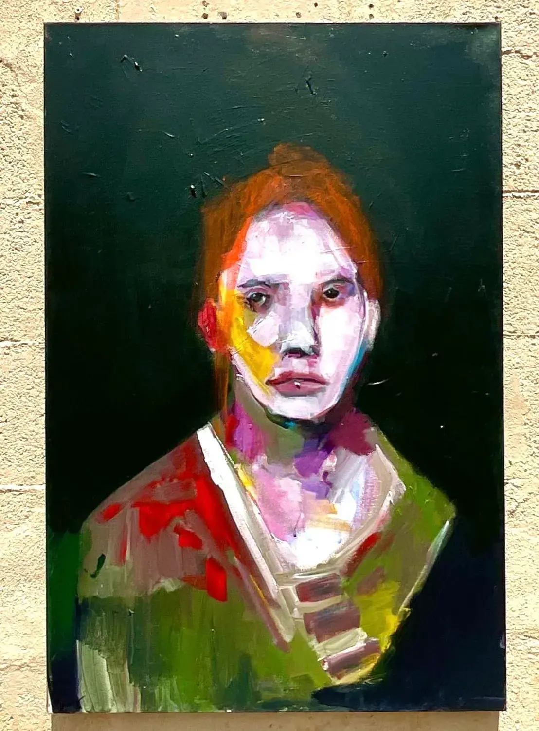 Vintage Boho Original Abstract Expressionist Oil Portrait on Canvas Painting - Top view