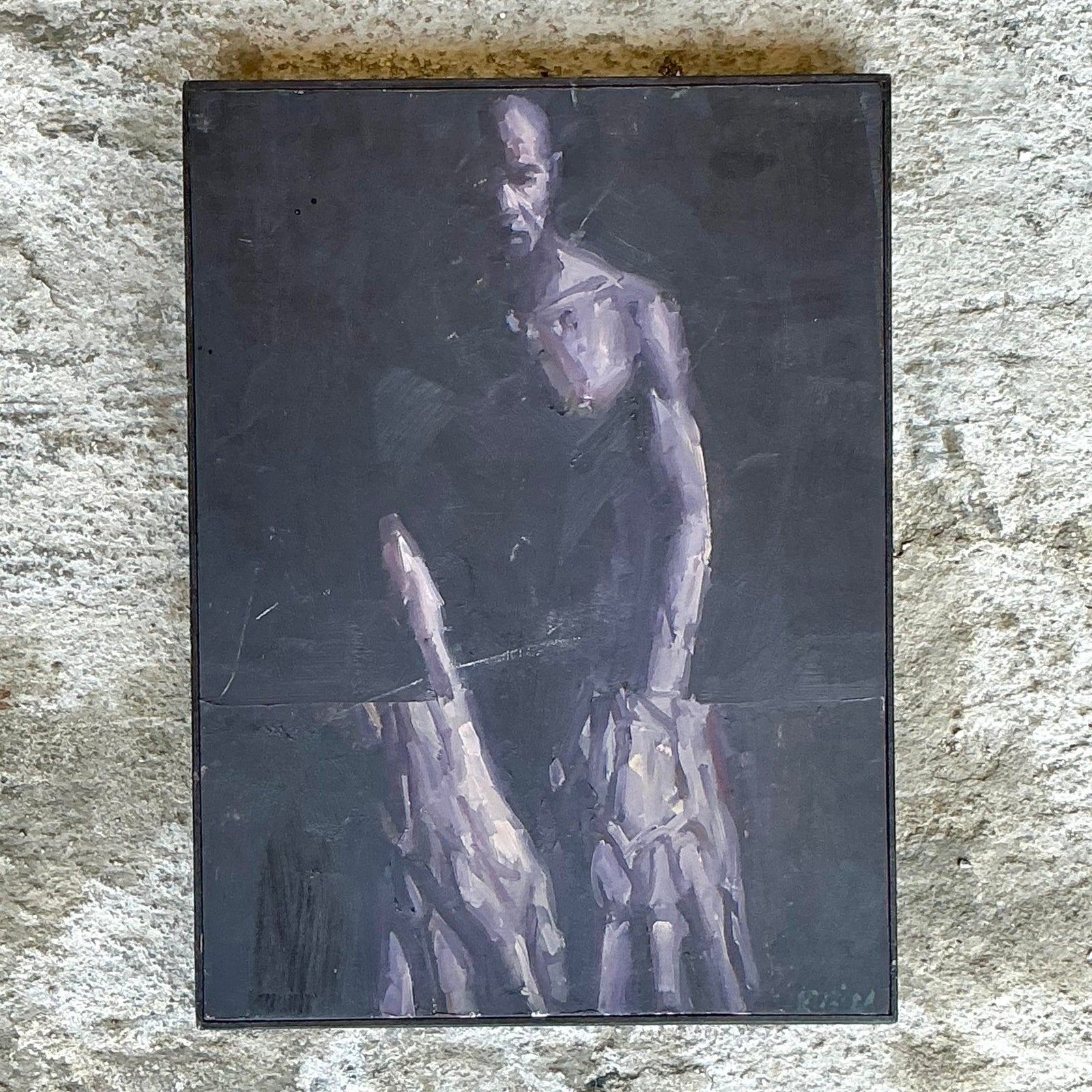 Vintage Boho Original Abstract Figurative Oil Painting on Board - Side view
