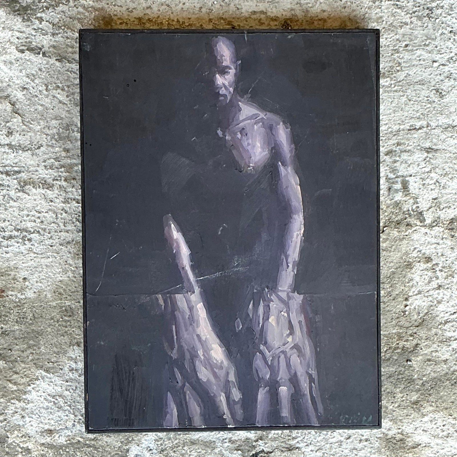 Vintage Boho Original Abstract Figurative Oil Painting on Board - Back view