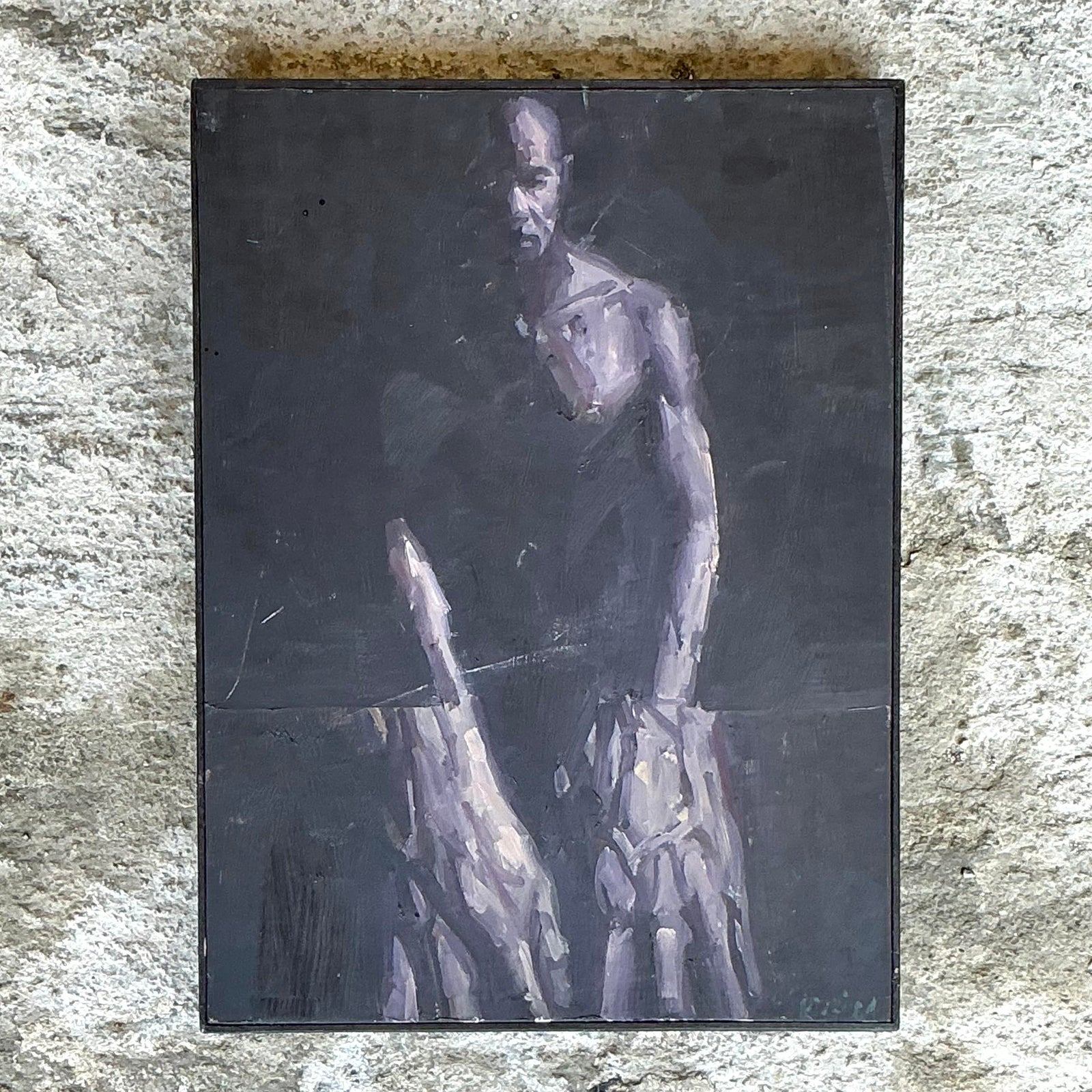 Vintage Boho Original Abstract Figurative Oil Painting on Board - Top view