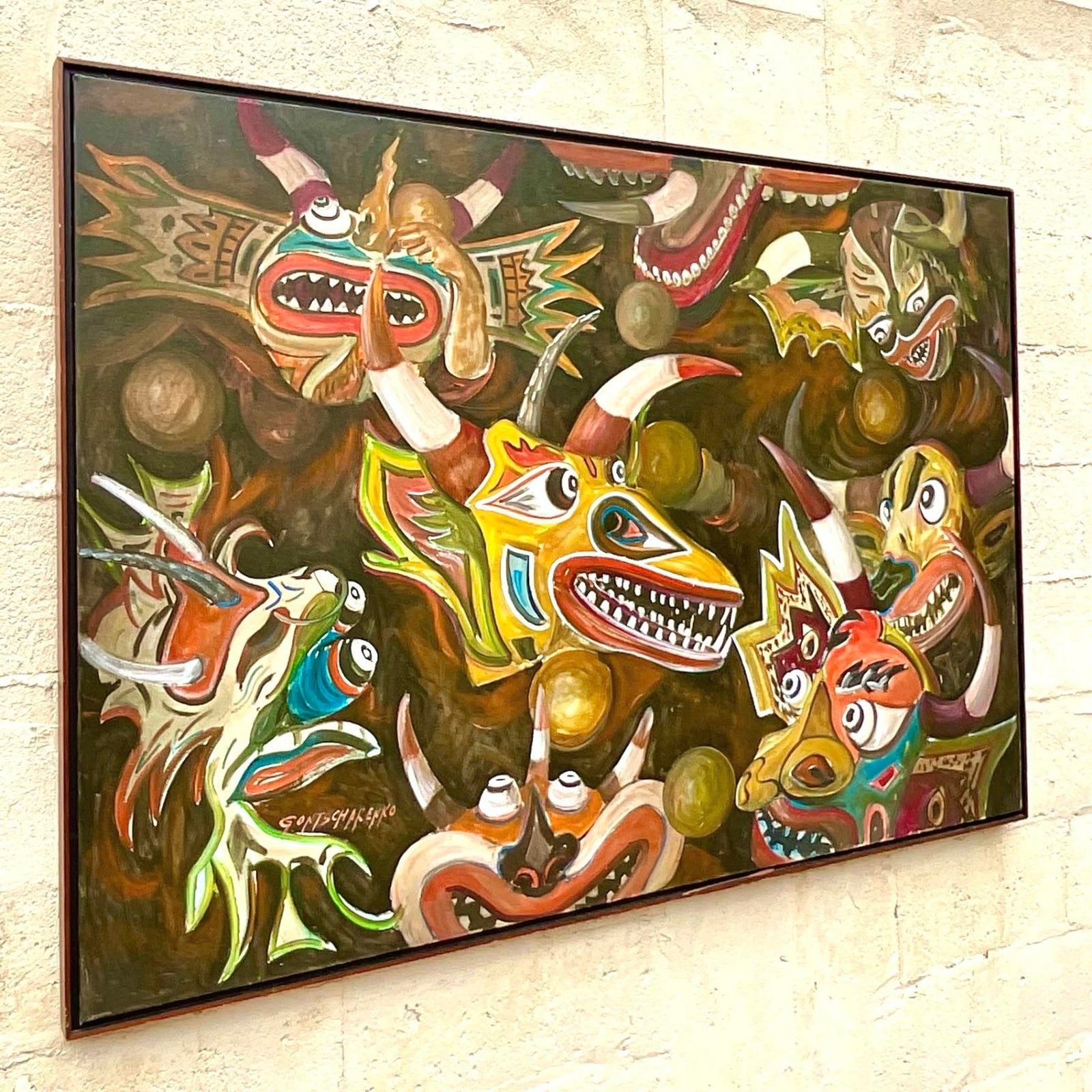 Vintage Boho Original Abstract Figurative Oil Painting on Canvas - Top view