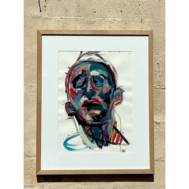 Vintage Boho Original Abstract Figurative Oil Painting on Paper - Side view