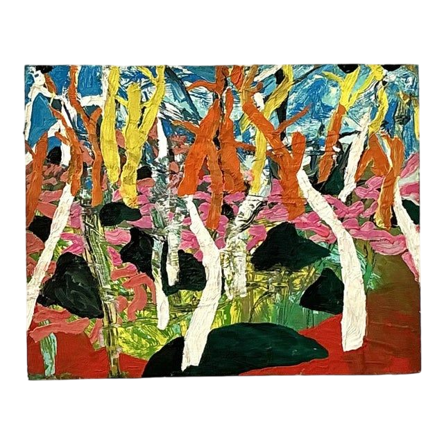 Vintage Boho Original Abstract Forest Oil Painting on Board