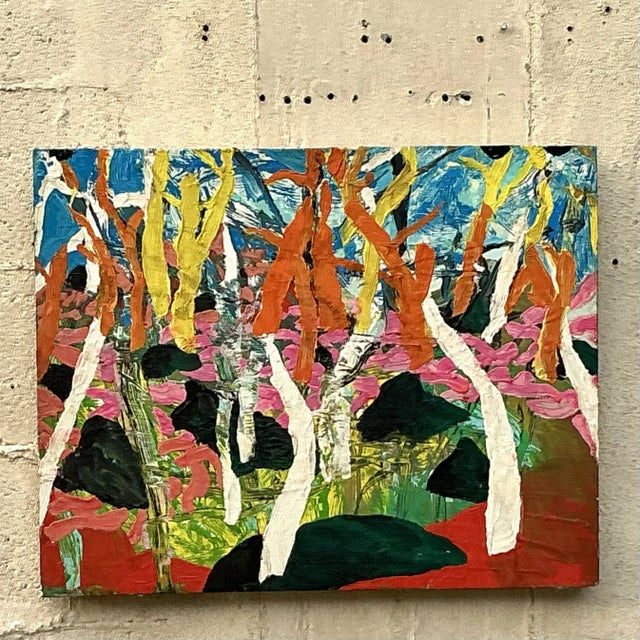 Vintage Boho Original Abstract Forest Oil Painting on Board - Detail view