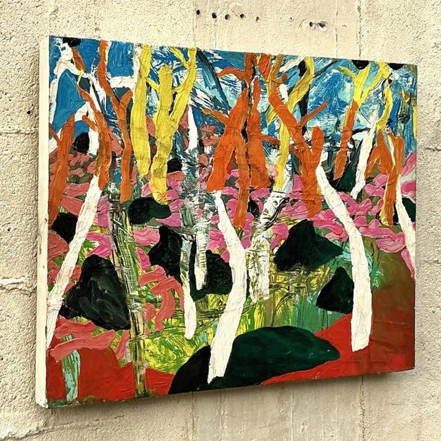 Vintage Boho Original Abstract Forest Oil Painting on Board - Side view