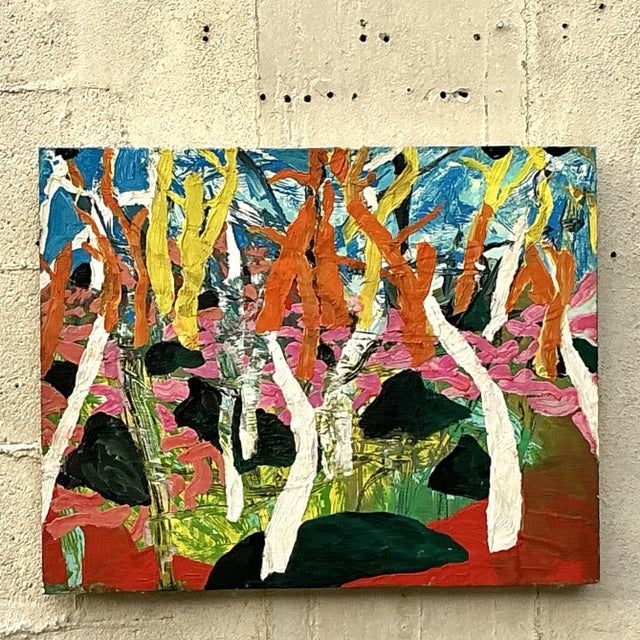 Vintage Boho Original Abstract Forest Oil Painting on Board - Top view