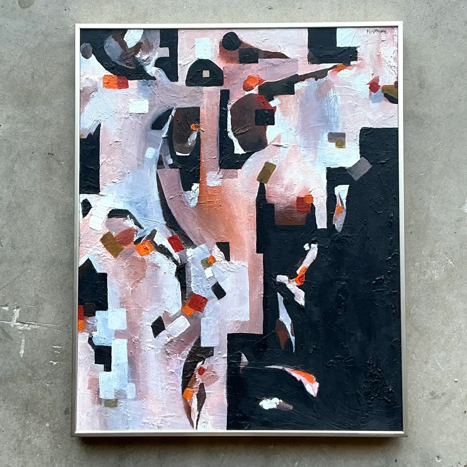 Vintage Boho Original Abstract Geometric Oil Painting on Board - Detail view