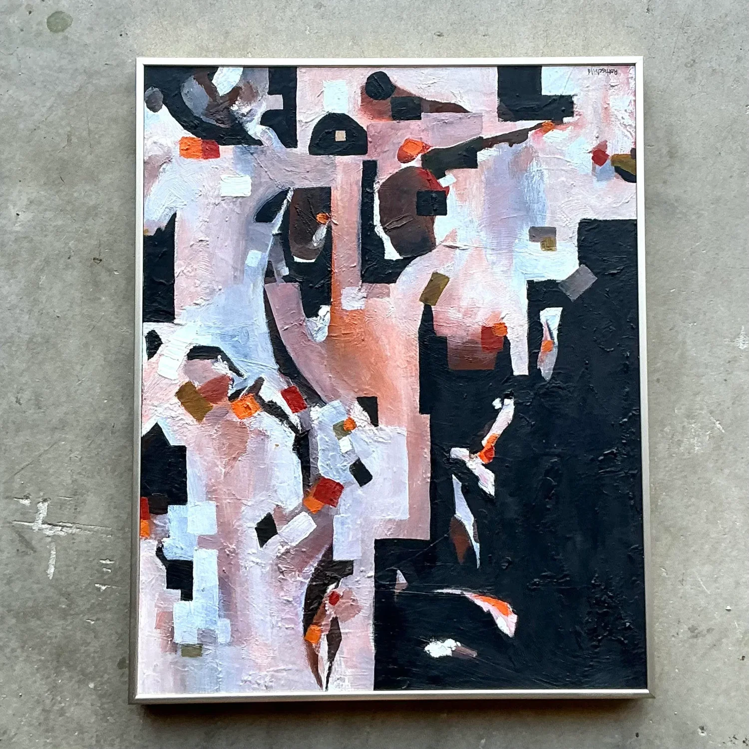 Vintage Boho Original Abstract Geometric Oil Painting on Board - Top view