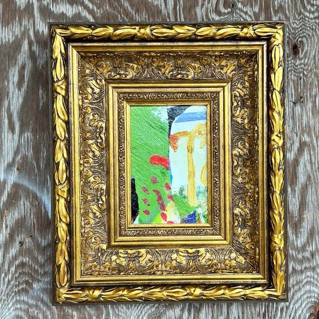 Vintage Boho Original Abstract Oil on Board - Detail view