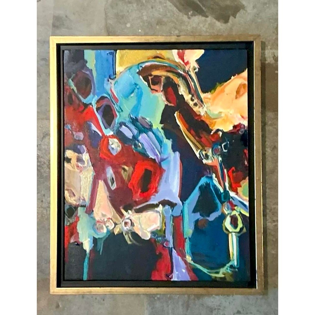 Vintage Boho Original Abstract Oil on Canvas - Top view