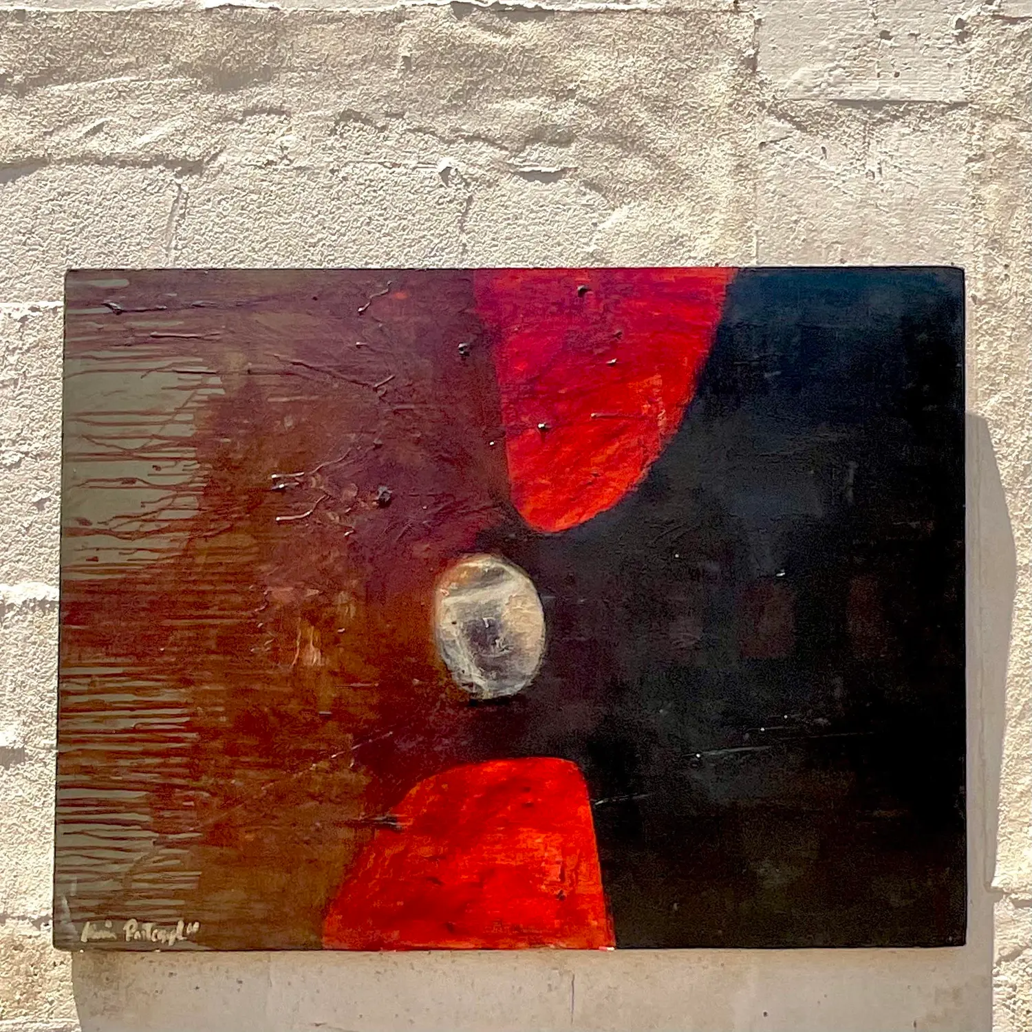 Vintage Boho Original Abstract Oil Painting on Board - Side view