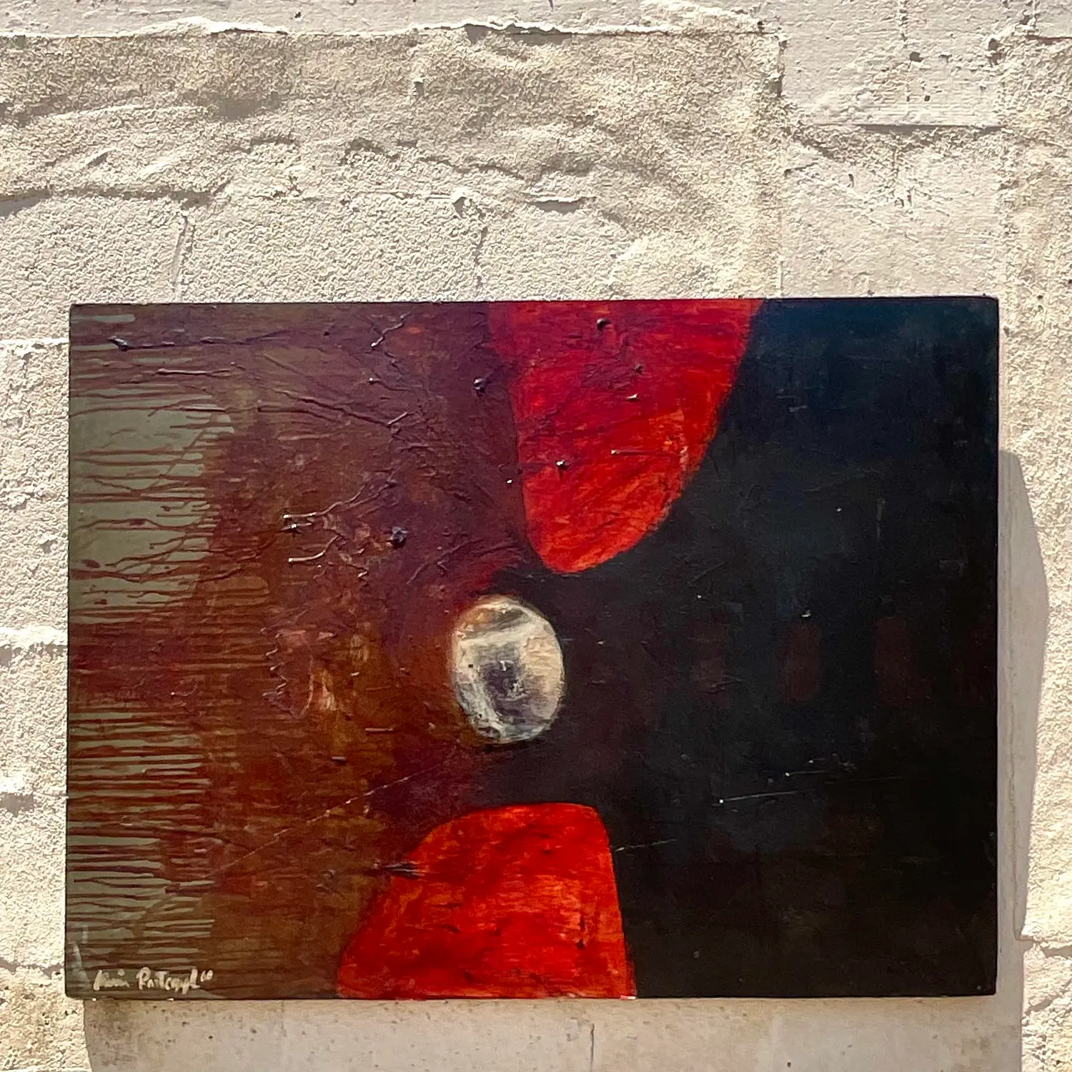 Vintage Boho Original Abstract Oil Painting on Board - Top view