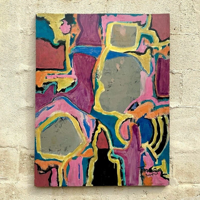 Vintage Boho Original Abstract Oil Painting on Board - Side view