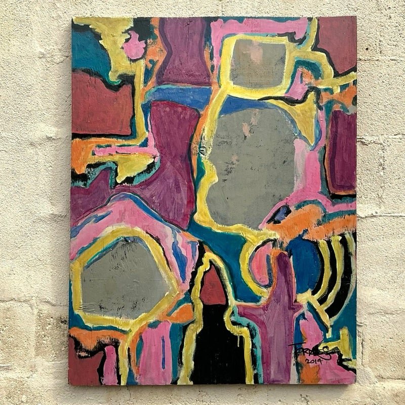 Vintage Boho Original Abstract Oil Painting on Board - Back view