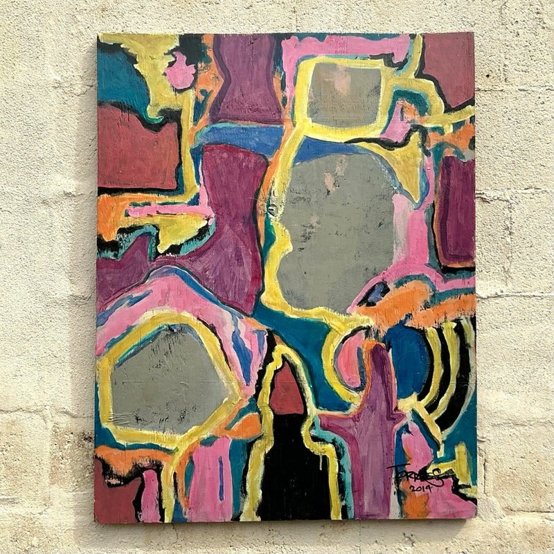 Vintage Boho Original Abstract Oil Painting on Board - Detail view