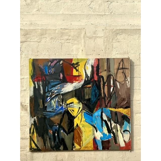 Vintage Boho Original Abstract Oil Painting on Canvas - Detail view