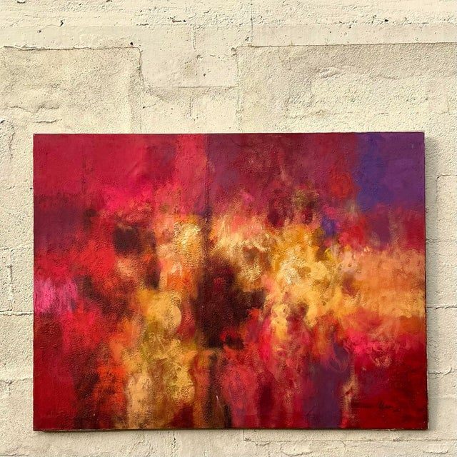 Vintage Boho Original Abstract Oil Painting on Canvas - Top view