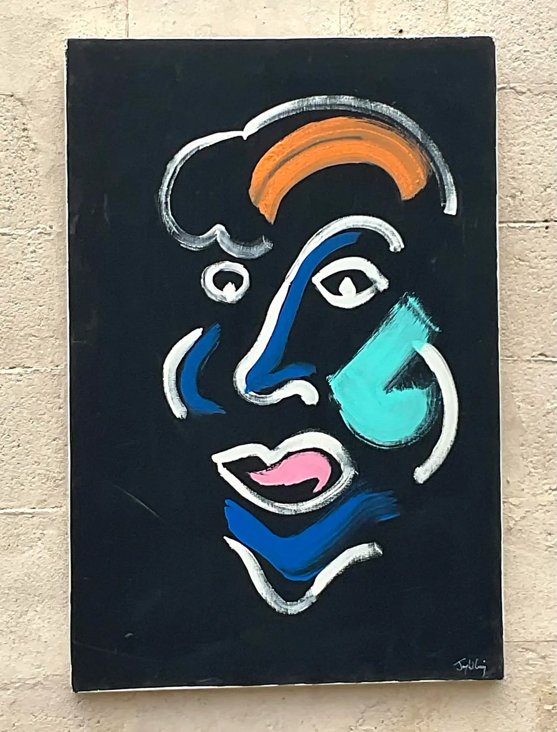Vintage Boho Original Abstract Portrait Oil Painting on Canvas - Back view