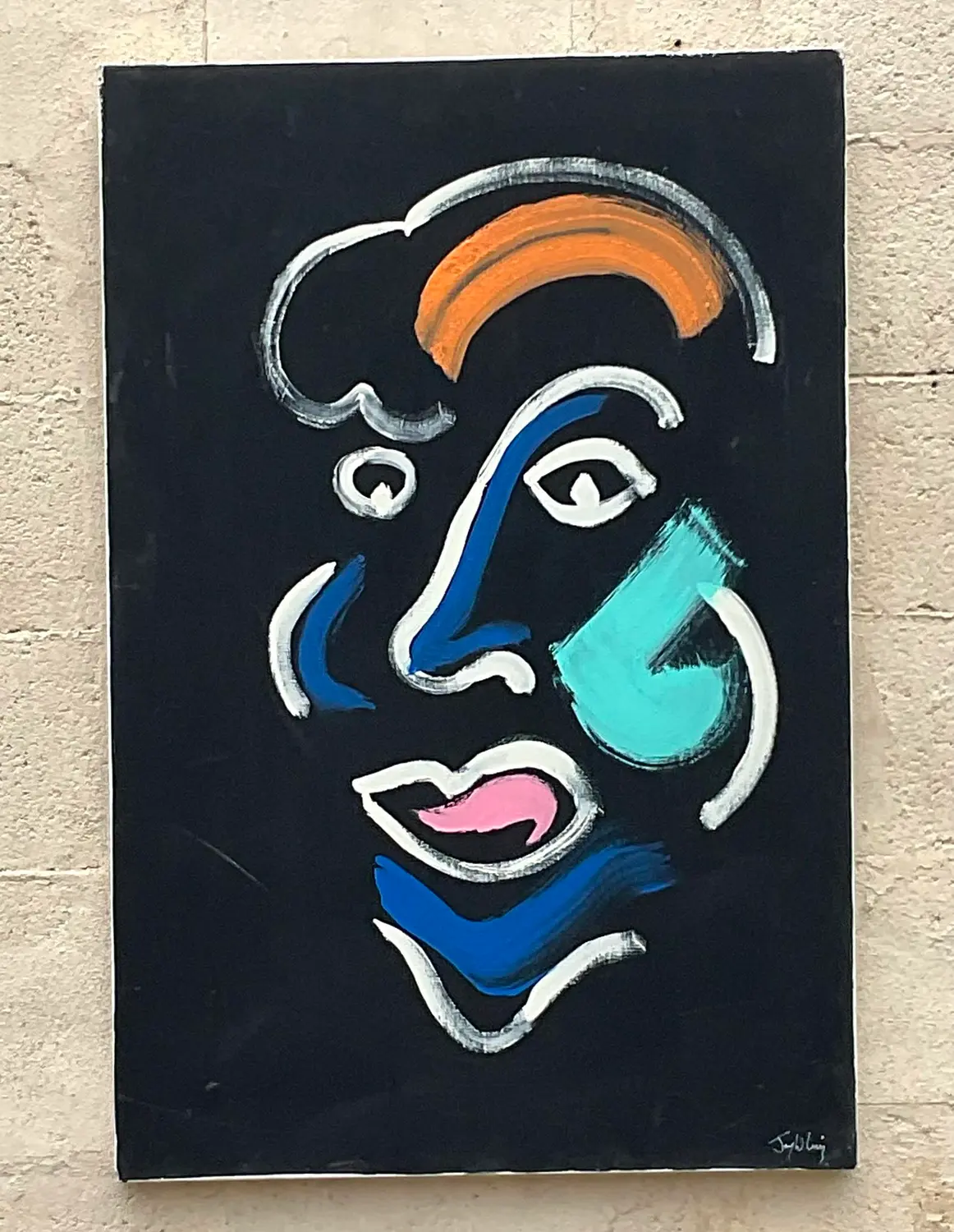 Vintage Boho Original Abstract Portrait Oil Painting on Canvas - Detail view