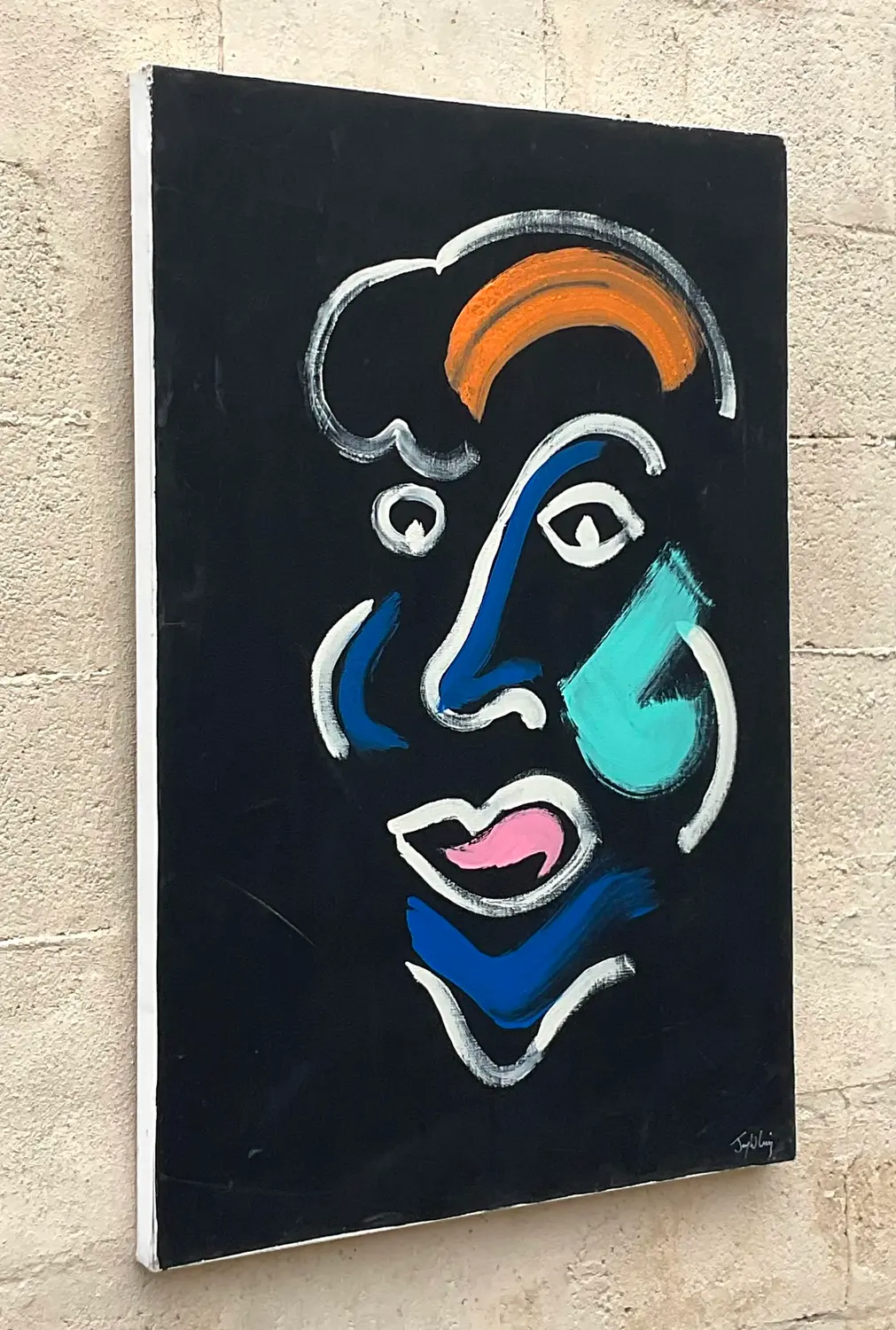 Vintage Boho Original Abstract Portrait Oil Painting on Canvas - Top view