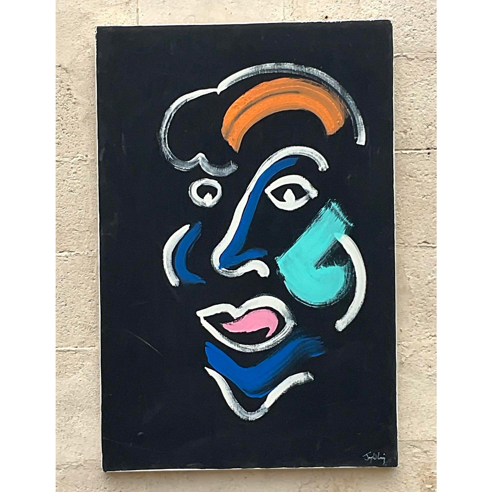 Vintage Boho Original Abstract Portrait Oil Painting on Canvas - Side view