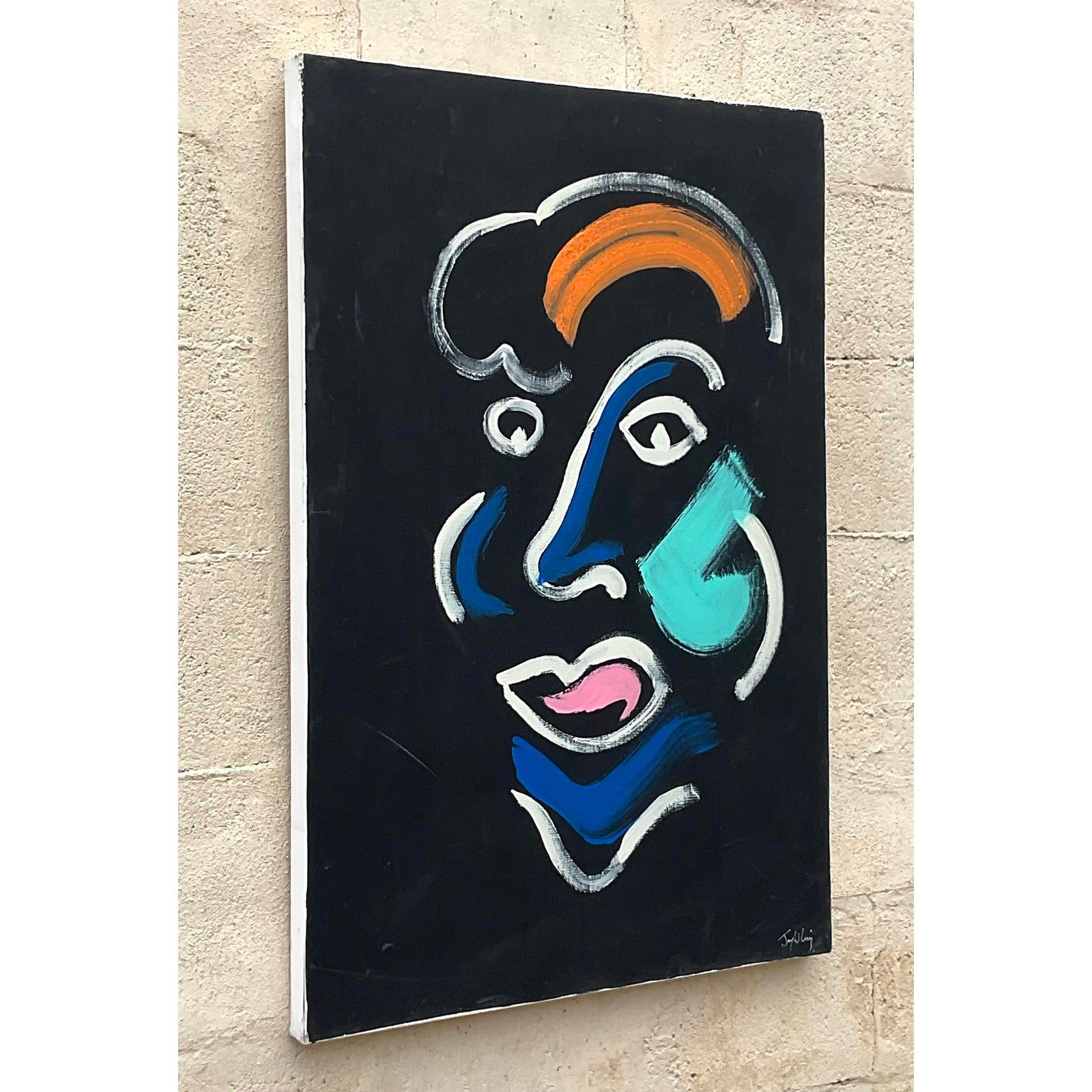 Vintage Boho Original Abstract Portrait Oil Painting on Canvas - Top view