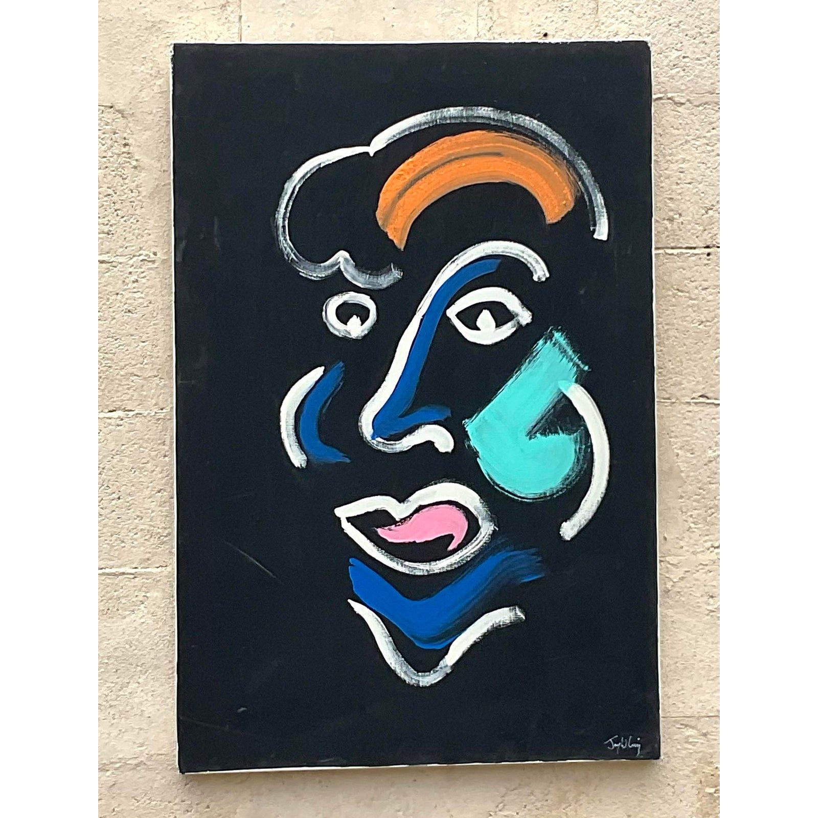 Vintage Boho Original Abstract Portrait Oil Painting on Canvas - Back view