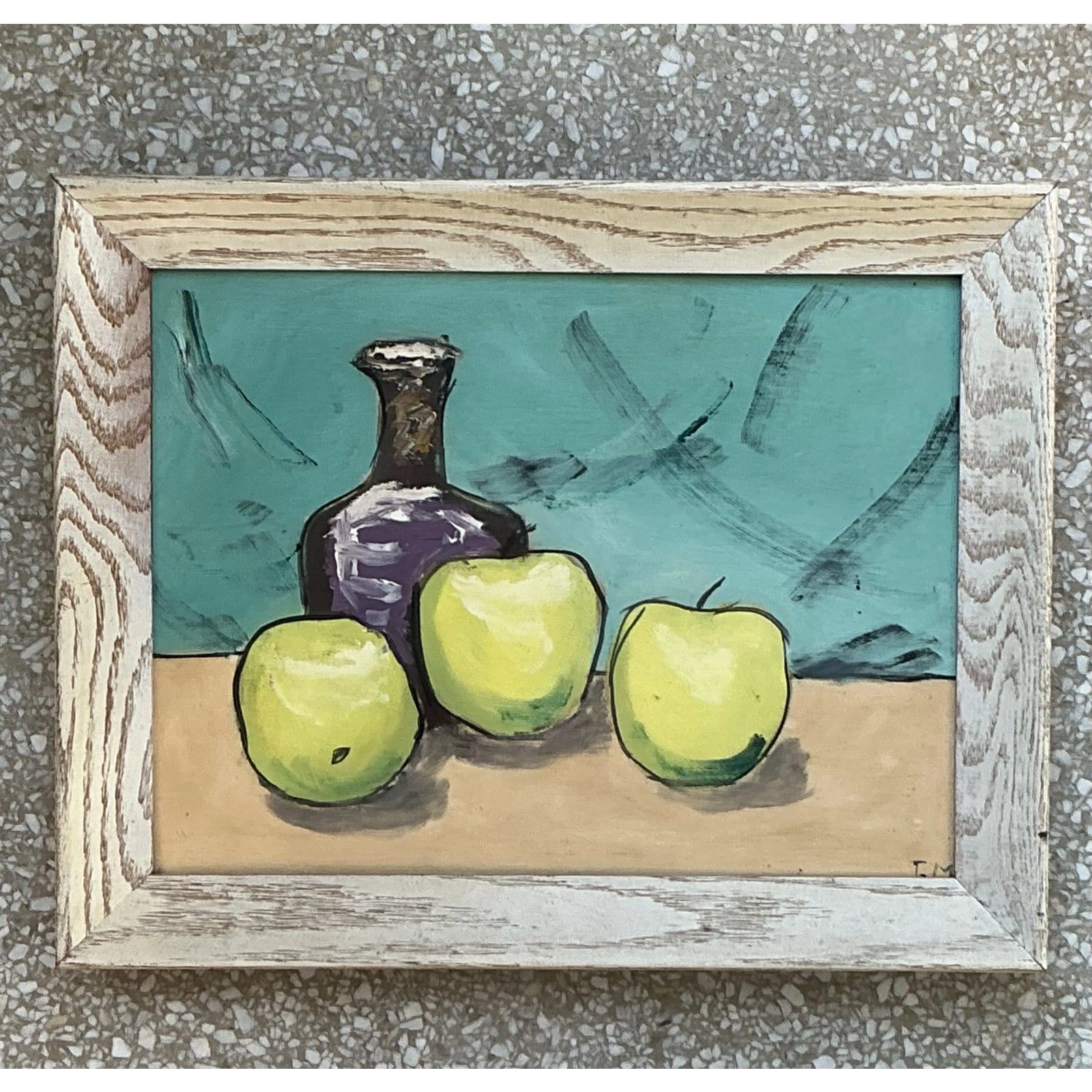 Vintage Boho Original Apples Still Life Oil on Board - Detail view