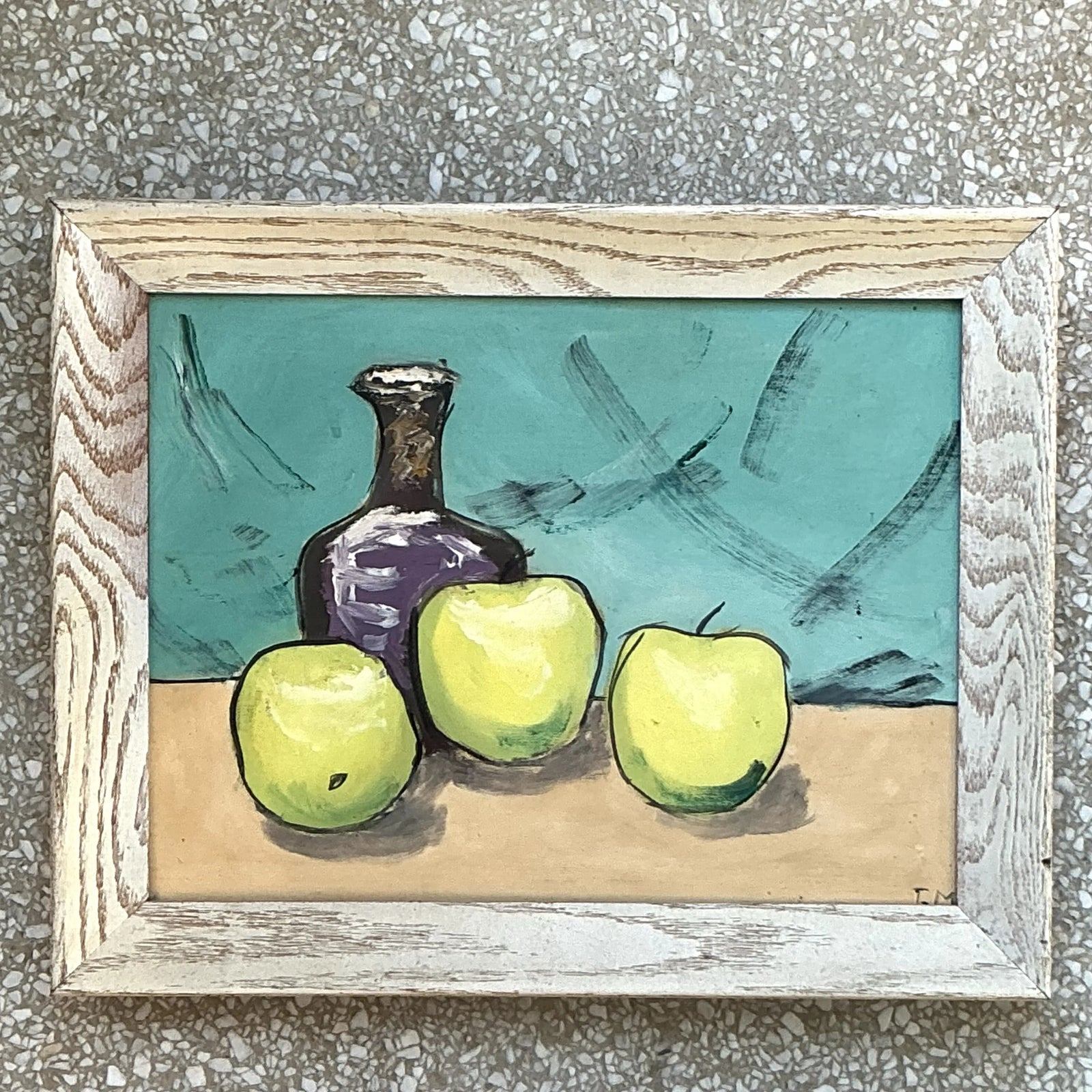 Vintage Boho Original Apples Still Life Oil on Board - Top view