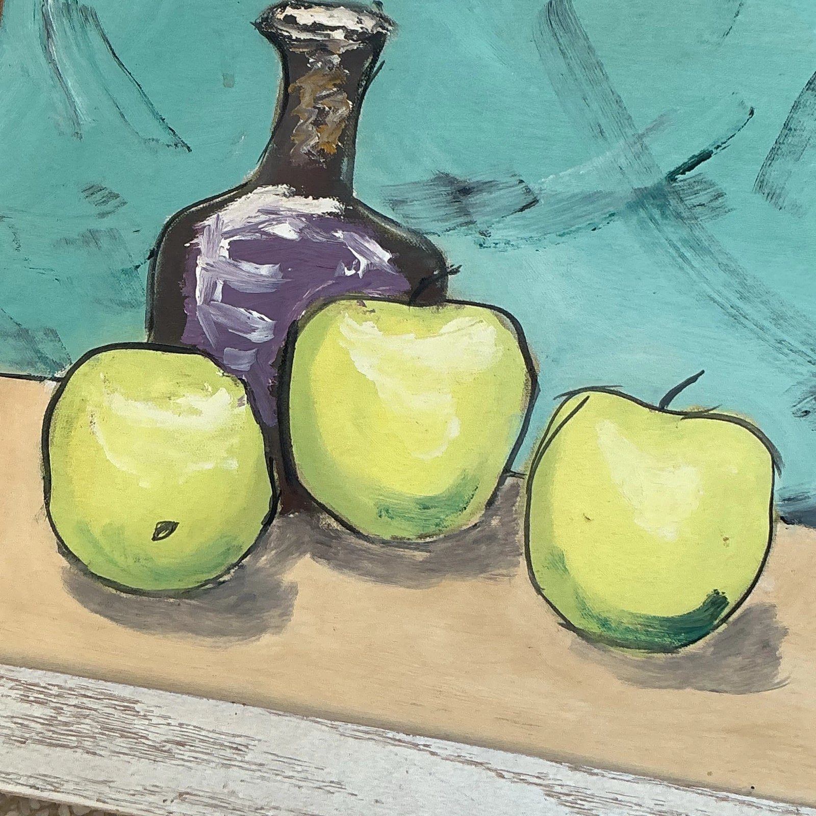 Vintage Boho Original Apples Still Life Oil on Board - Back view