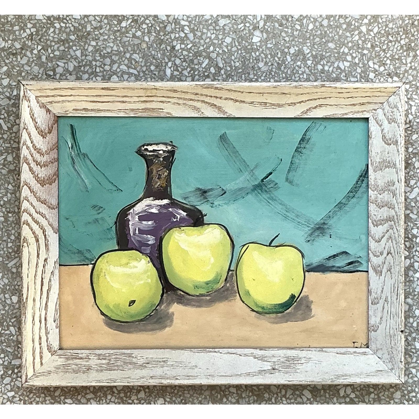 Vintage Boho Original Apples Still Life Oil on Board - Side view