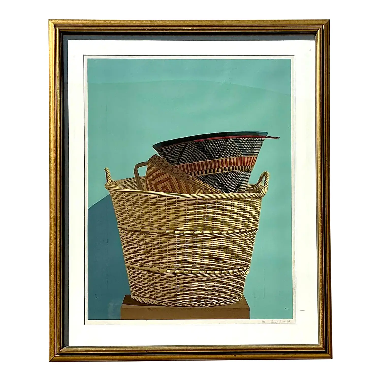 Vintage Boho Original Basket Serigraph on Paper