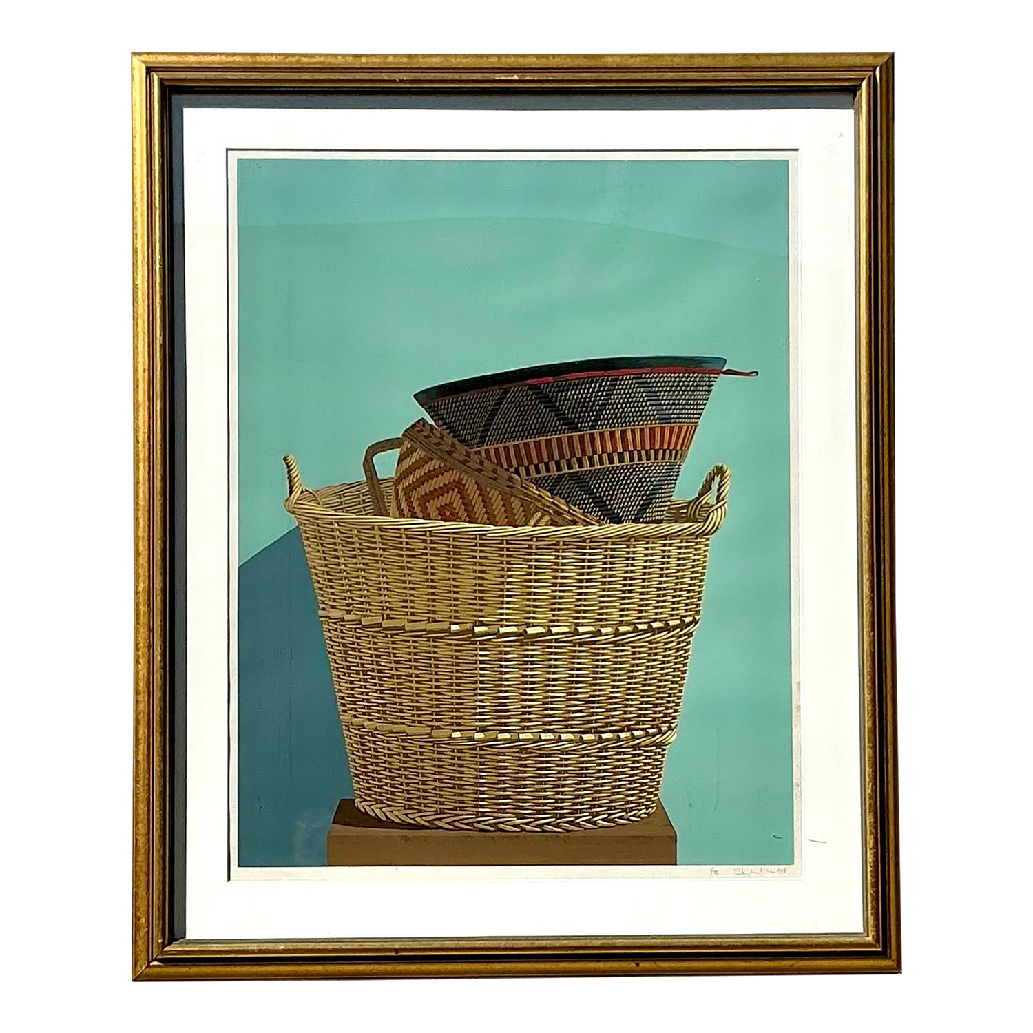 Vintage Boho Original Basket Serigraph on Paper - Detail view