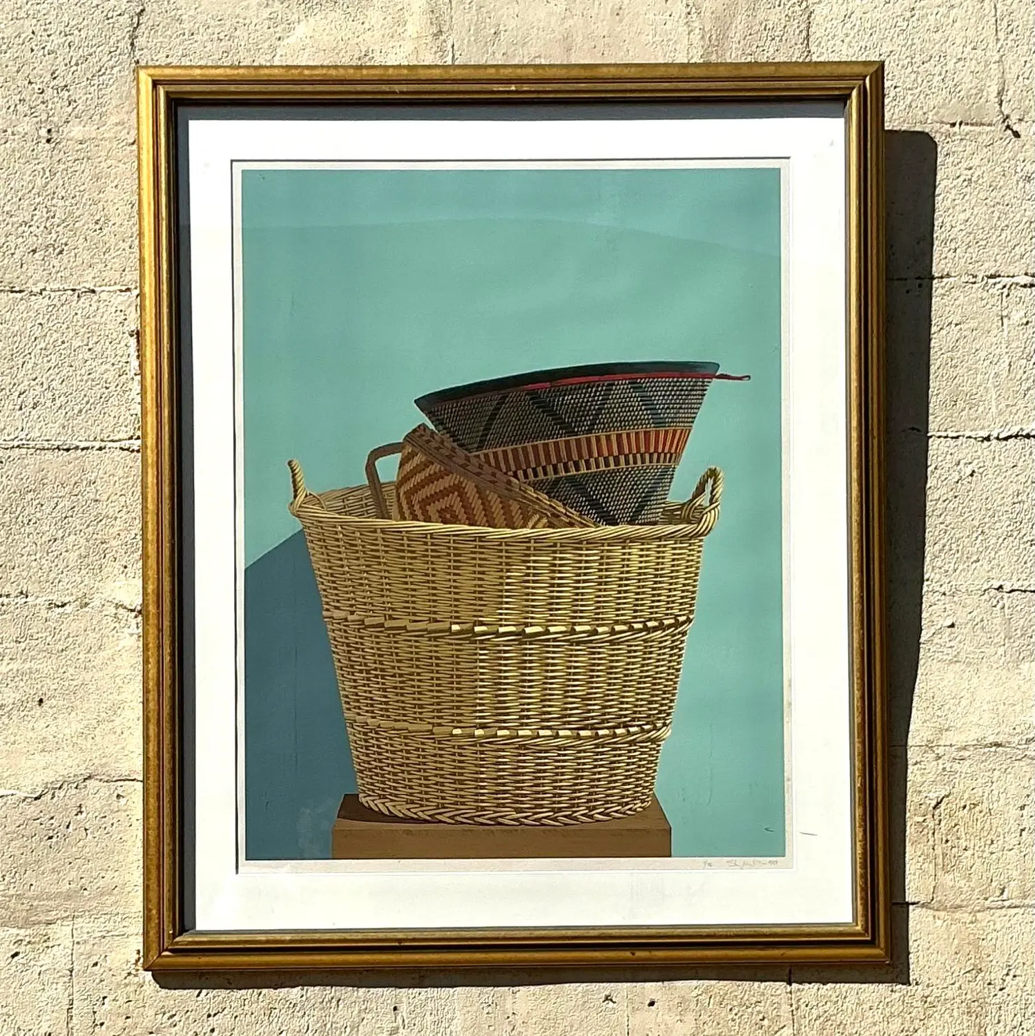 Vintage Boho Original Basket Serigraph on Paper - Side view