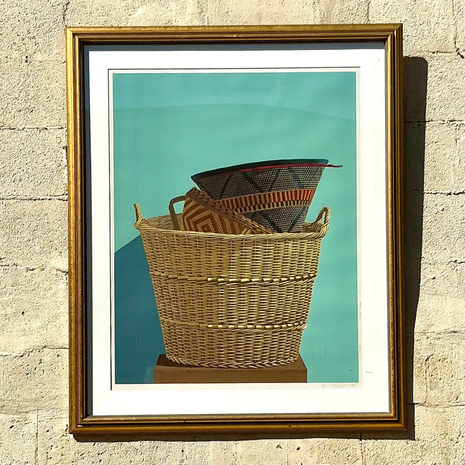 Vintage Boho Original Basket Serigraph on Paper - Back view
