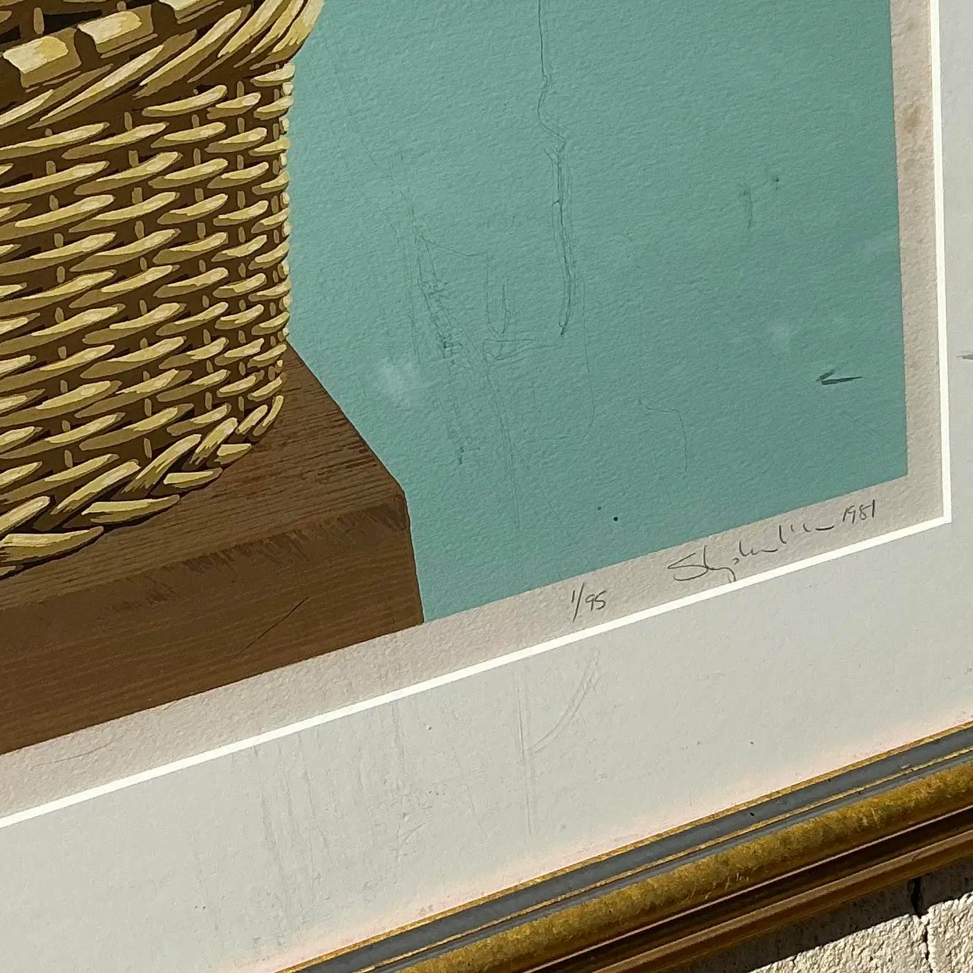Vintage Boho Original Basket Serigraph on Paper - Top view