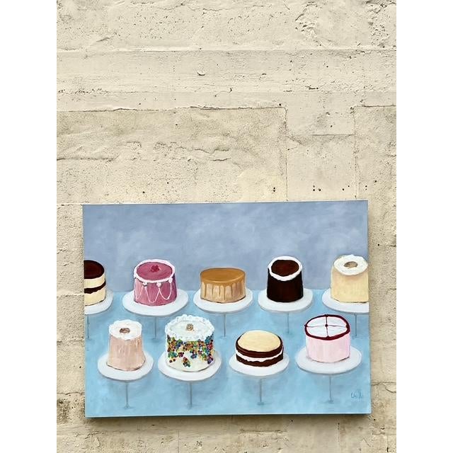 Vintage Boho Original Cakes Painting on Canvas - Side view